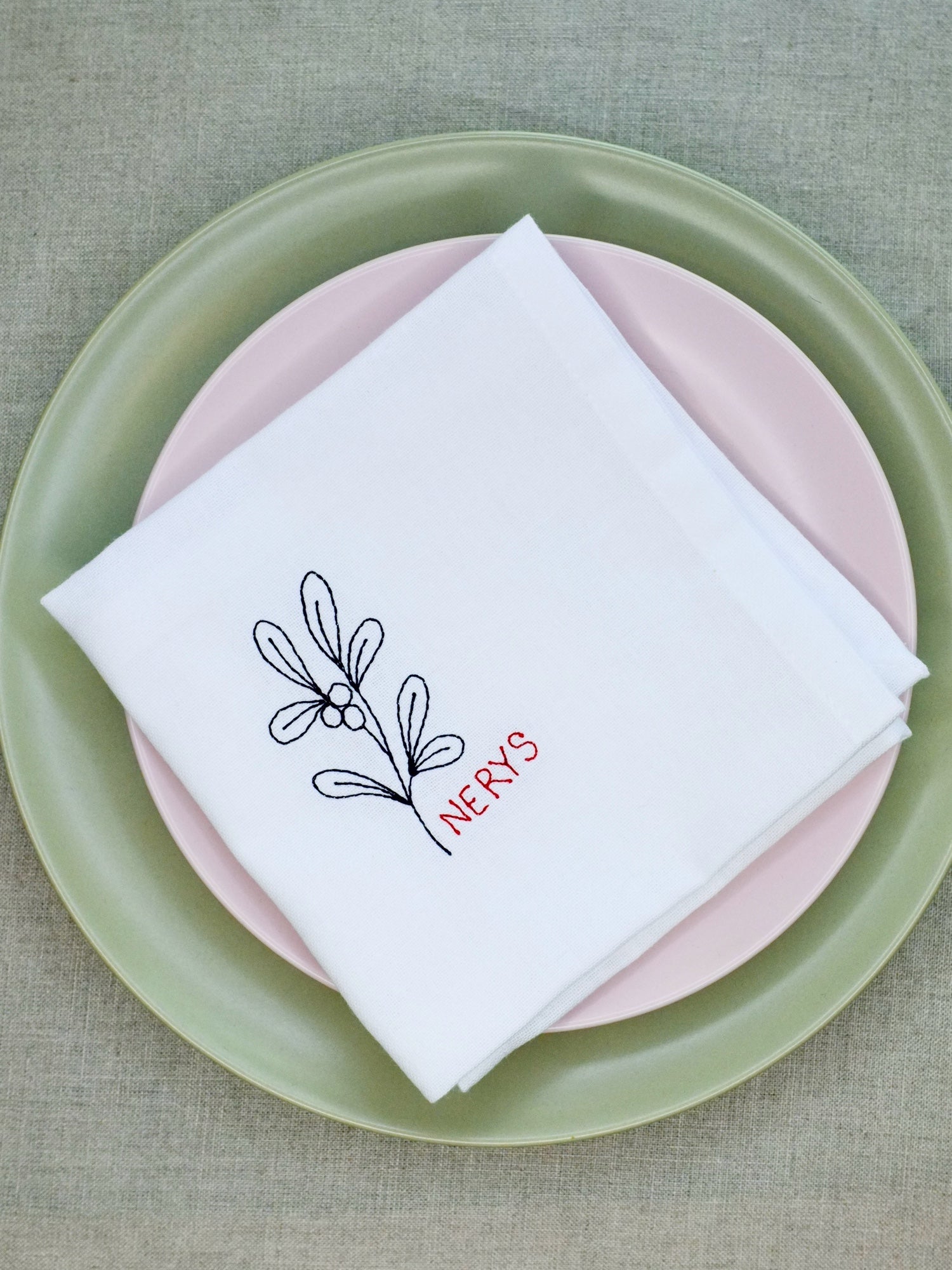Mistletoe design personalised embroidered Christmas cotton napkin