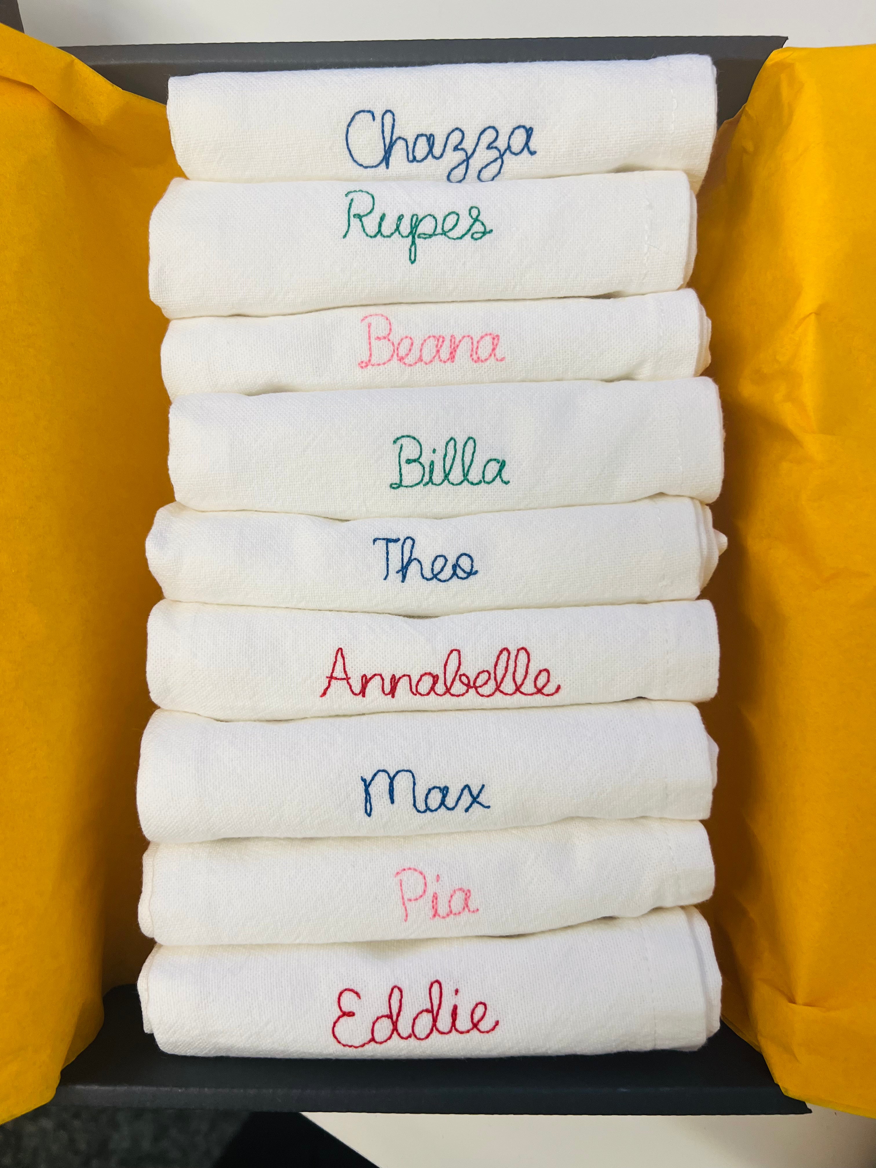 A set of cotton napkins with names for the whole family for Christmas and thanksgiving