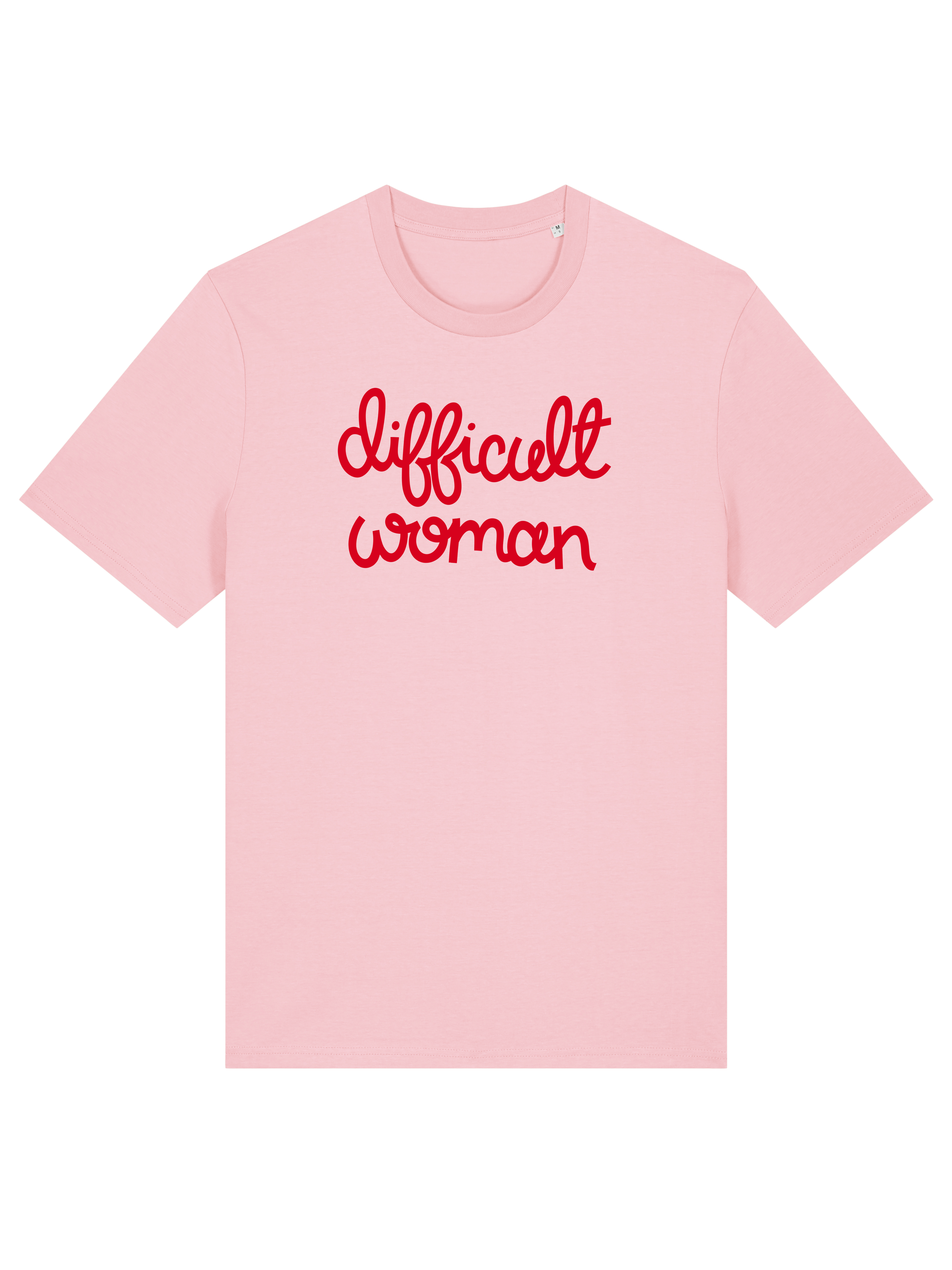 pink cotton tshirt with the phrase difficult woman in red