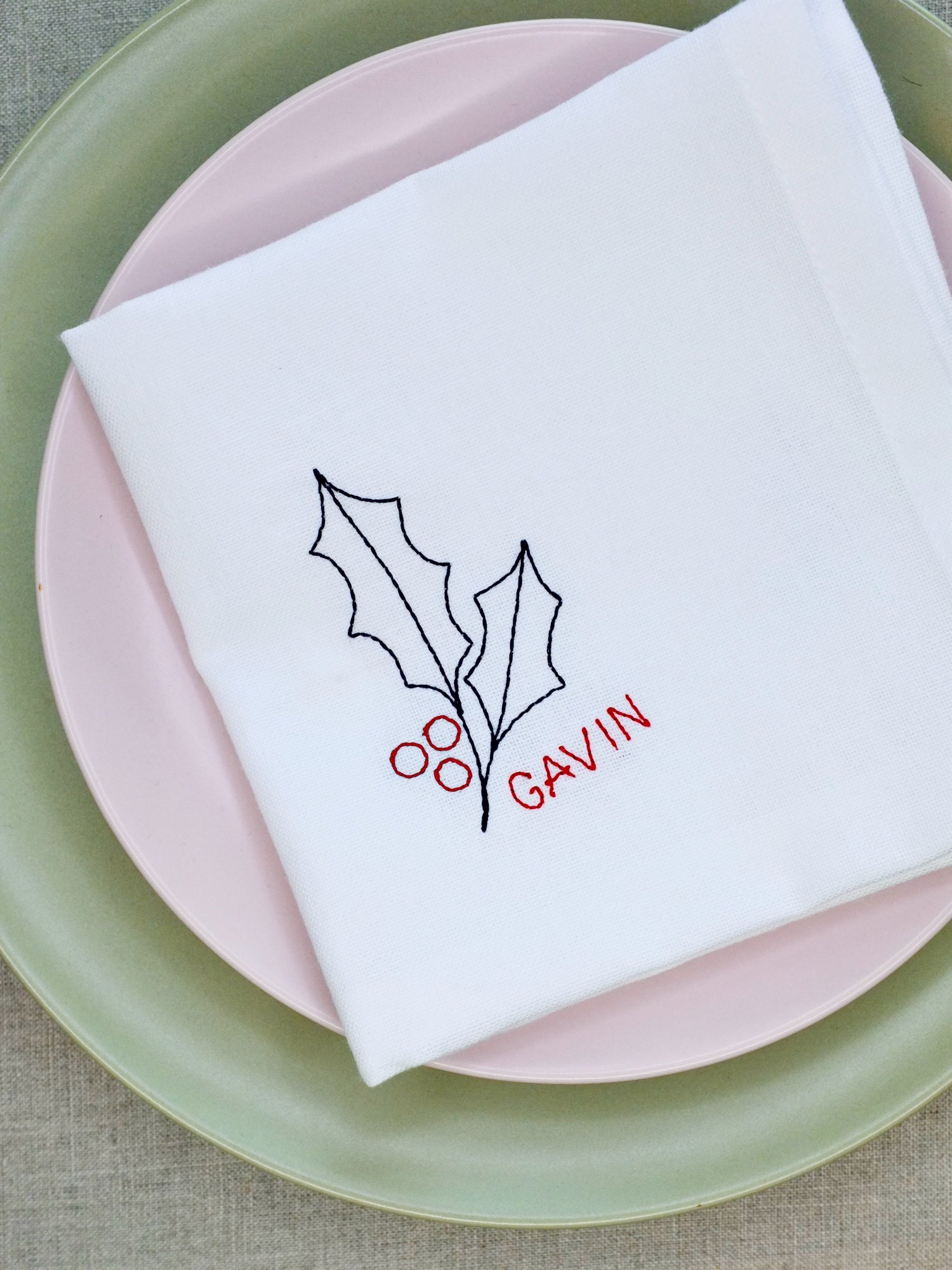 Holly design personalised Christmas embroidered napkin