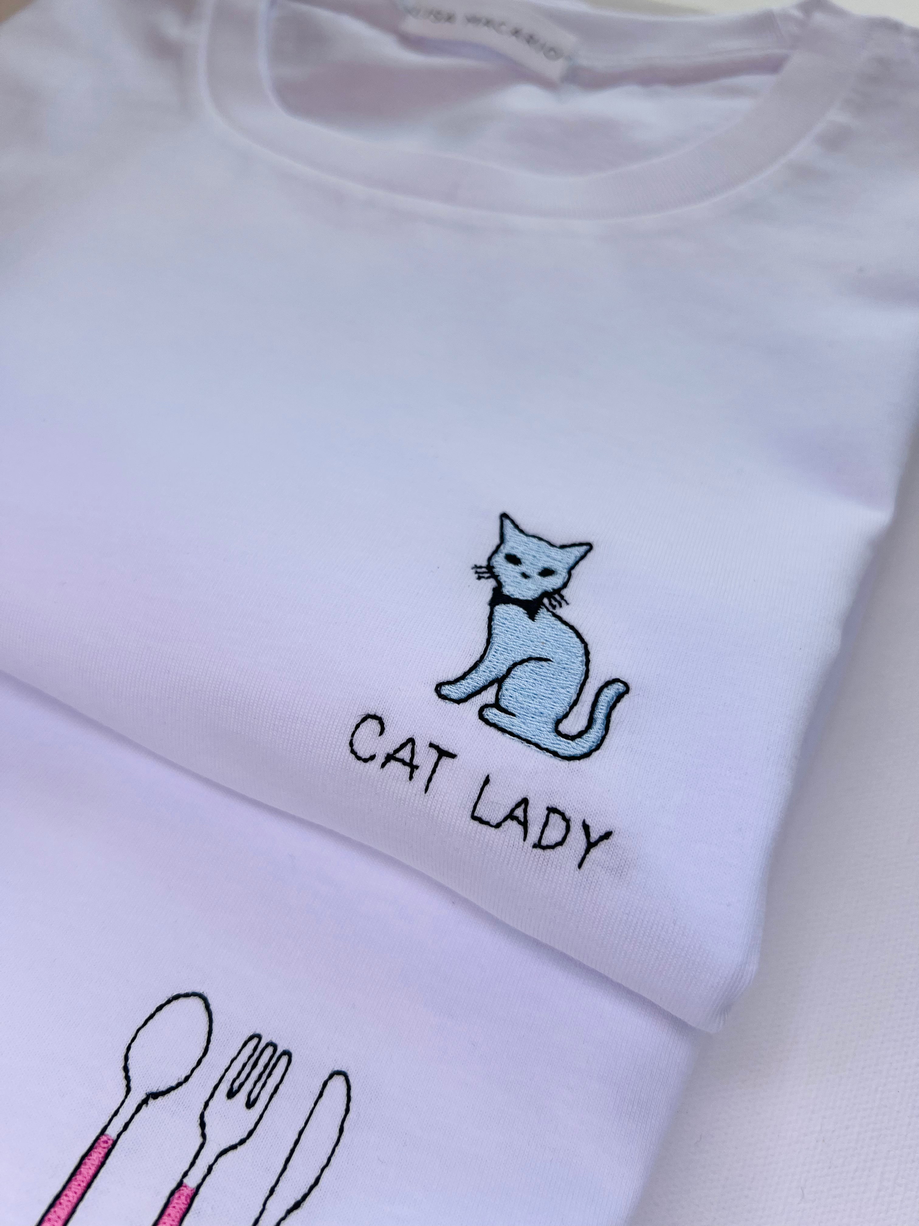 Embroidered cat lady motif tee