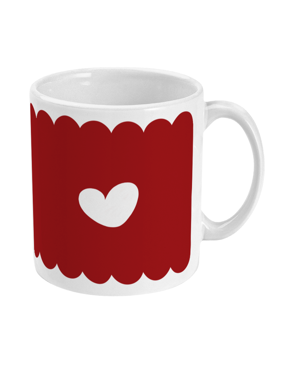 Back view of the ‘Lipstick, Literature, Liberalism’ mug, featuring a minimalist white heart centered on a deep red scalloped background.