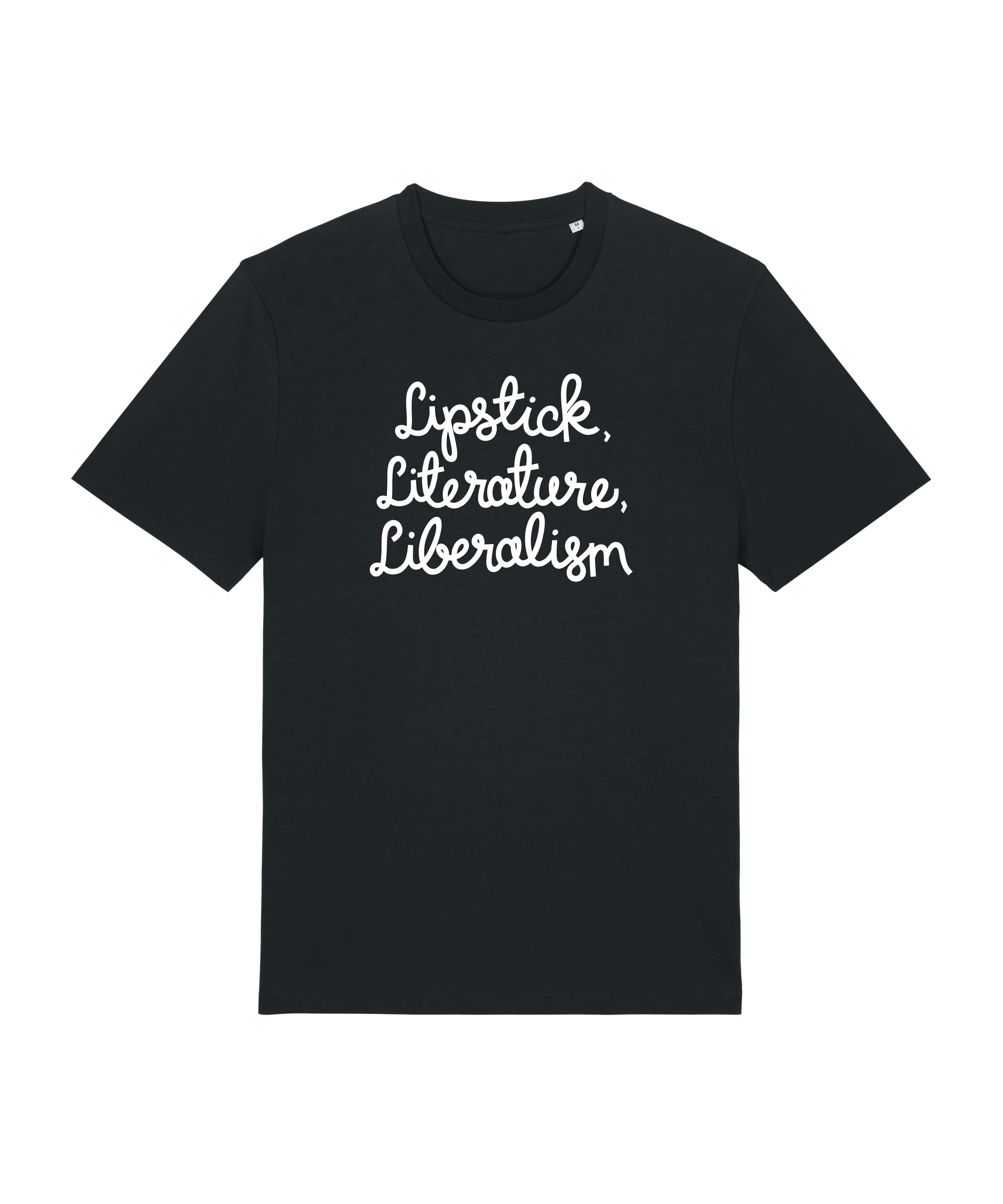 Black tshirt with the slogan lipstick, literature, liberalism in white