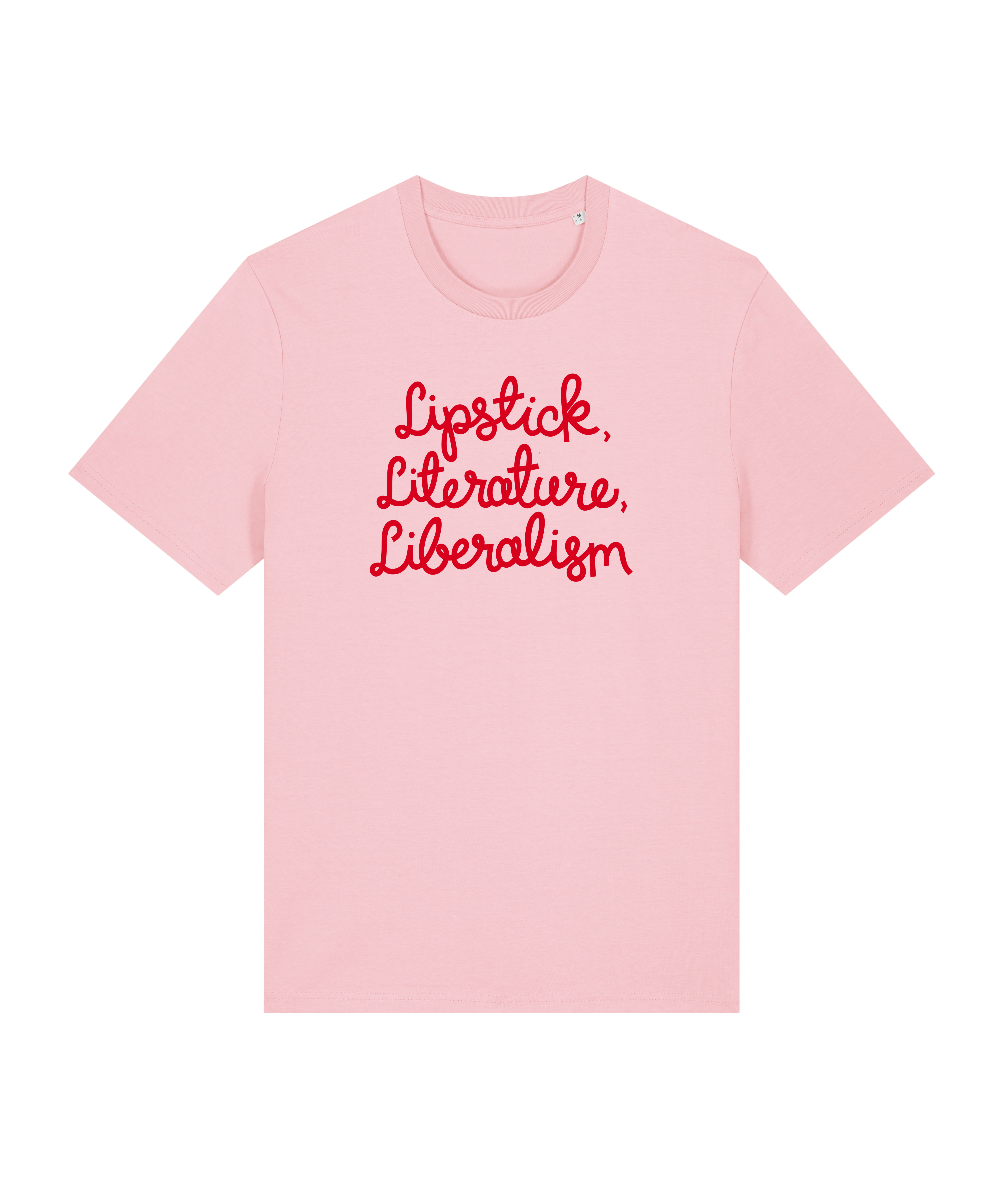 pink tshirt with the slogan lipstick, literature, liberalism in red