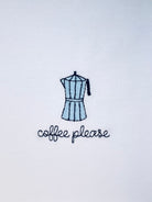 Moka coffee pot embroidery motif on white T-shirt with custom name option, ideal for coffee enthusiasts