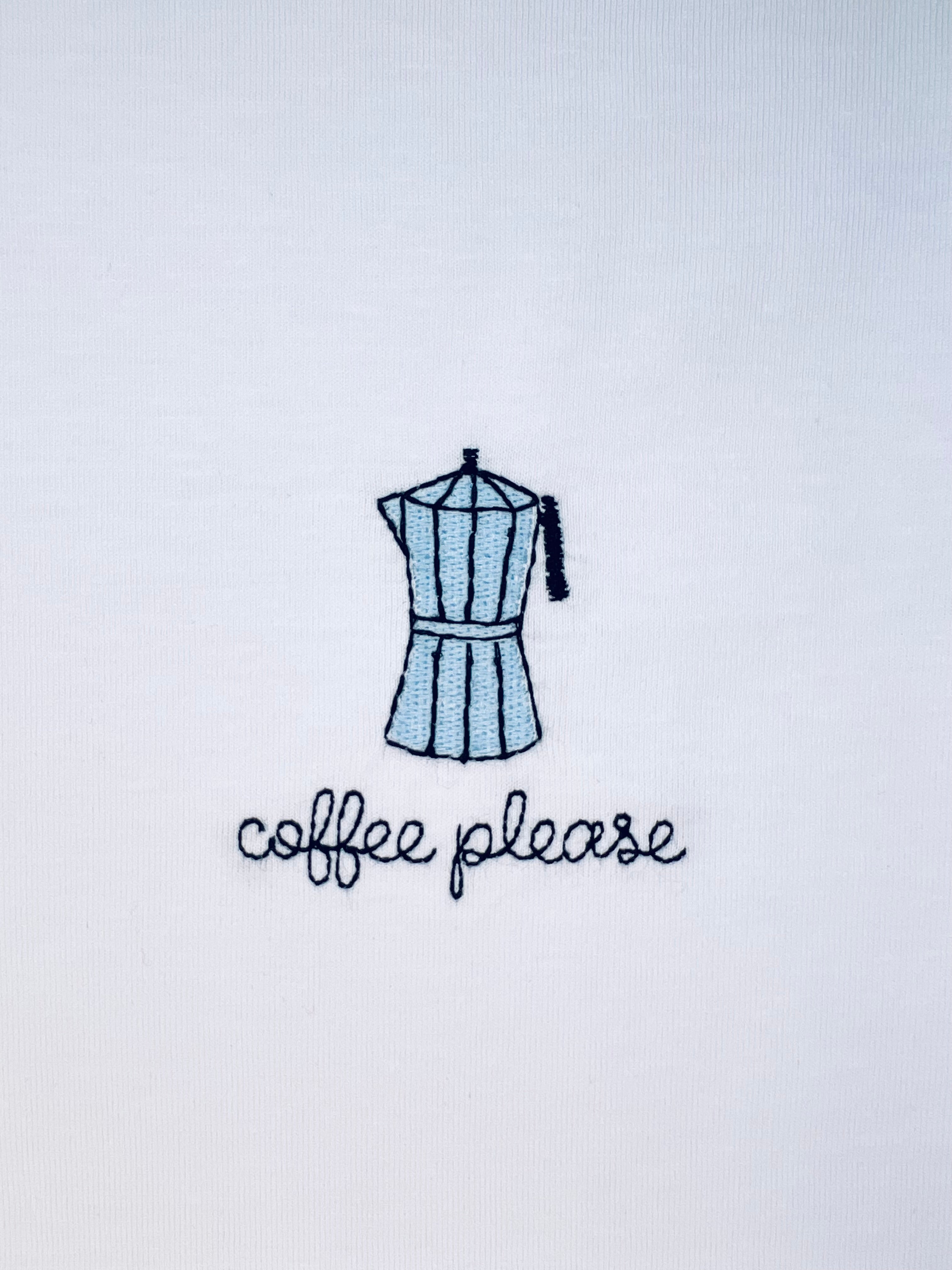 Moka coffee pot embroidery motif on white T-shirt with custom name option, ideal for coffee enthusiasts