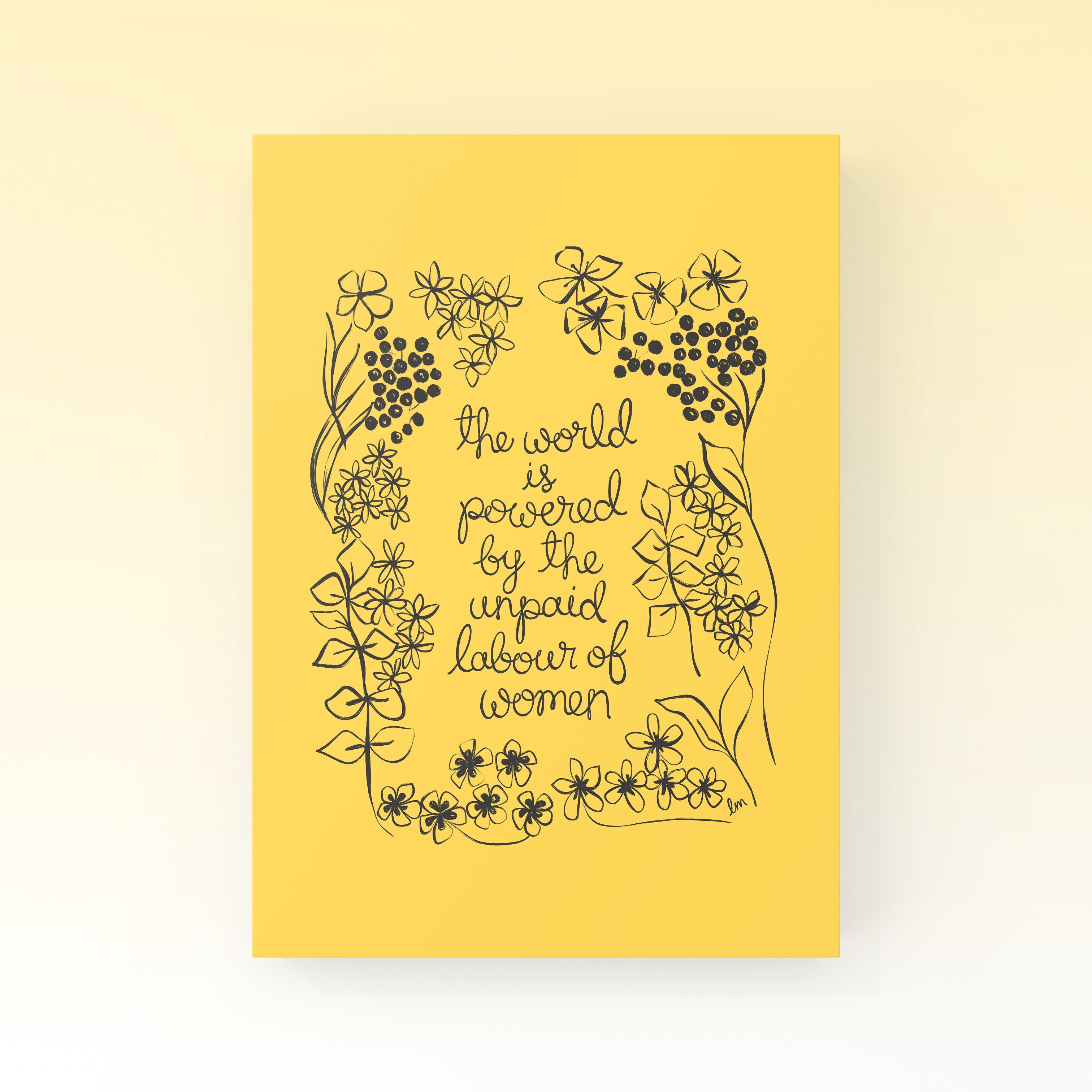 Yellow art print with floral design and text on a white background