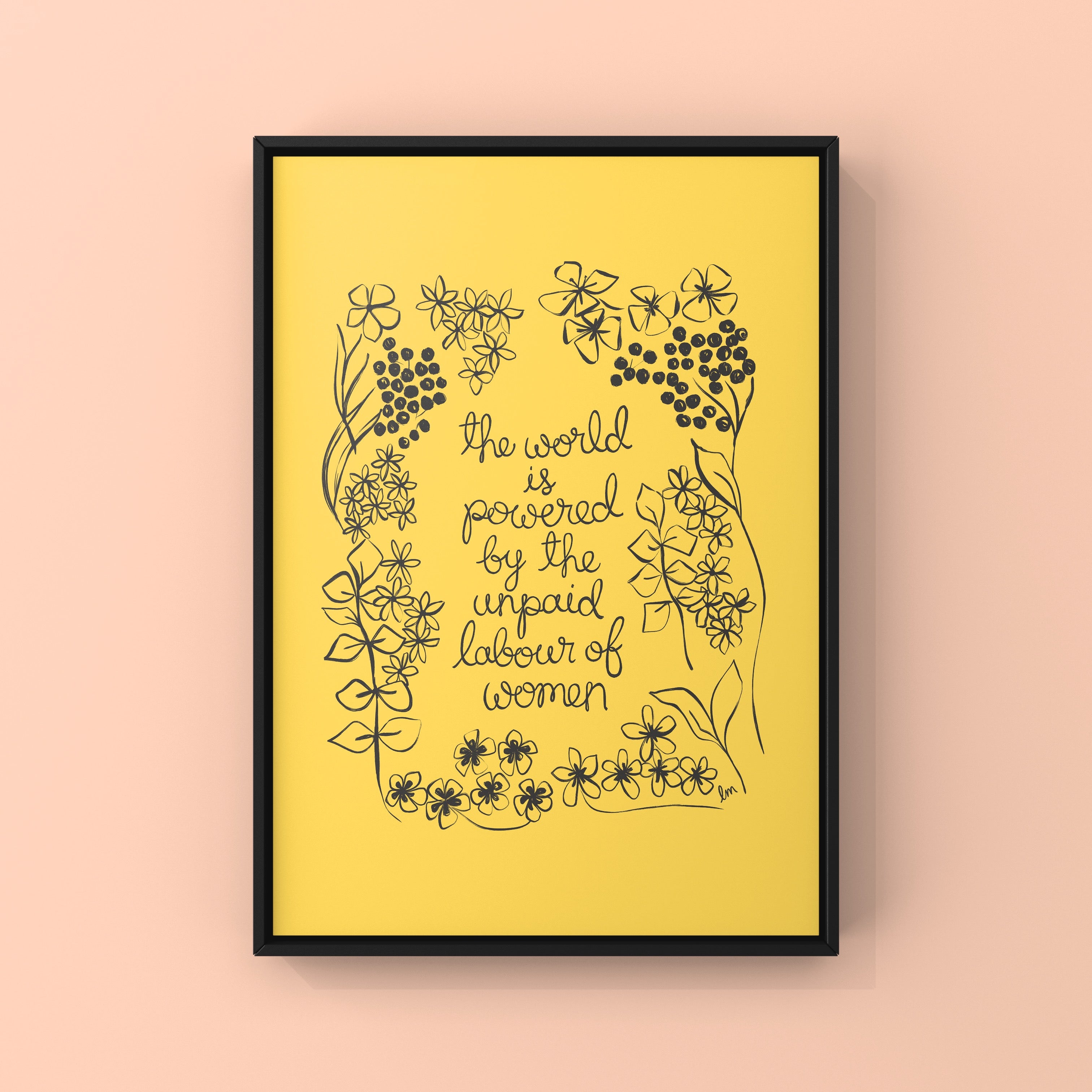 Framed artwork with floral design and text on a yellow background