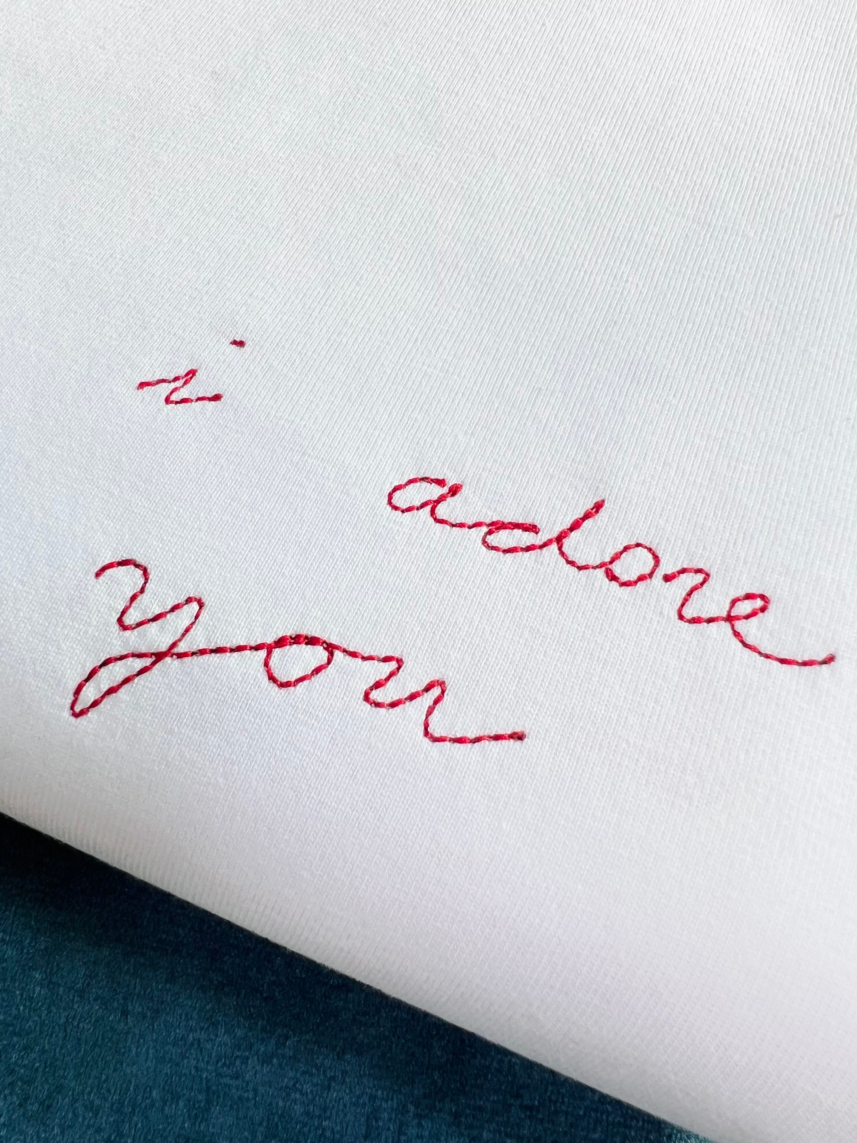 white personalised hand writing embroidered tee for valentine’s anniversary mother’s father’s ‘i adore you’