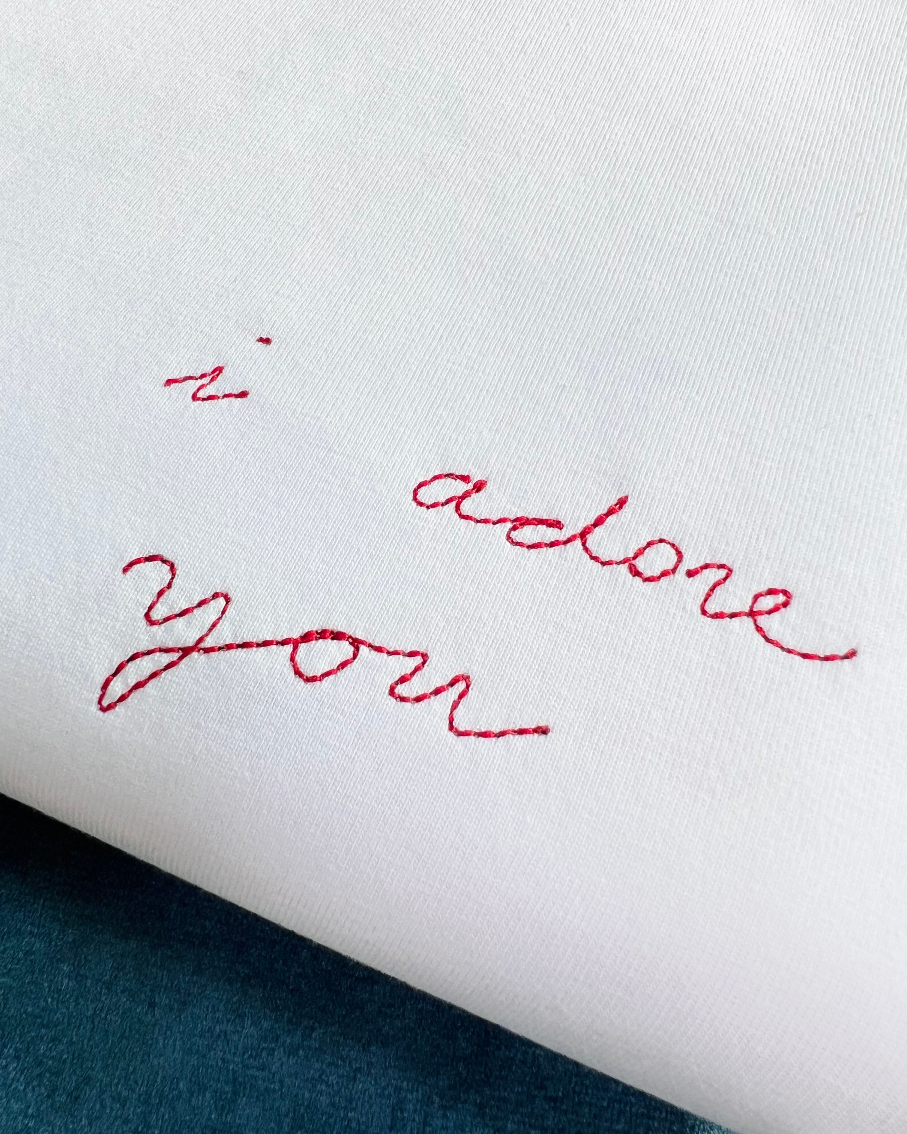white personalised hand writing embroidered tee for valentine’s anniversary mother’s father’s ‘i adore you’