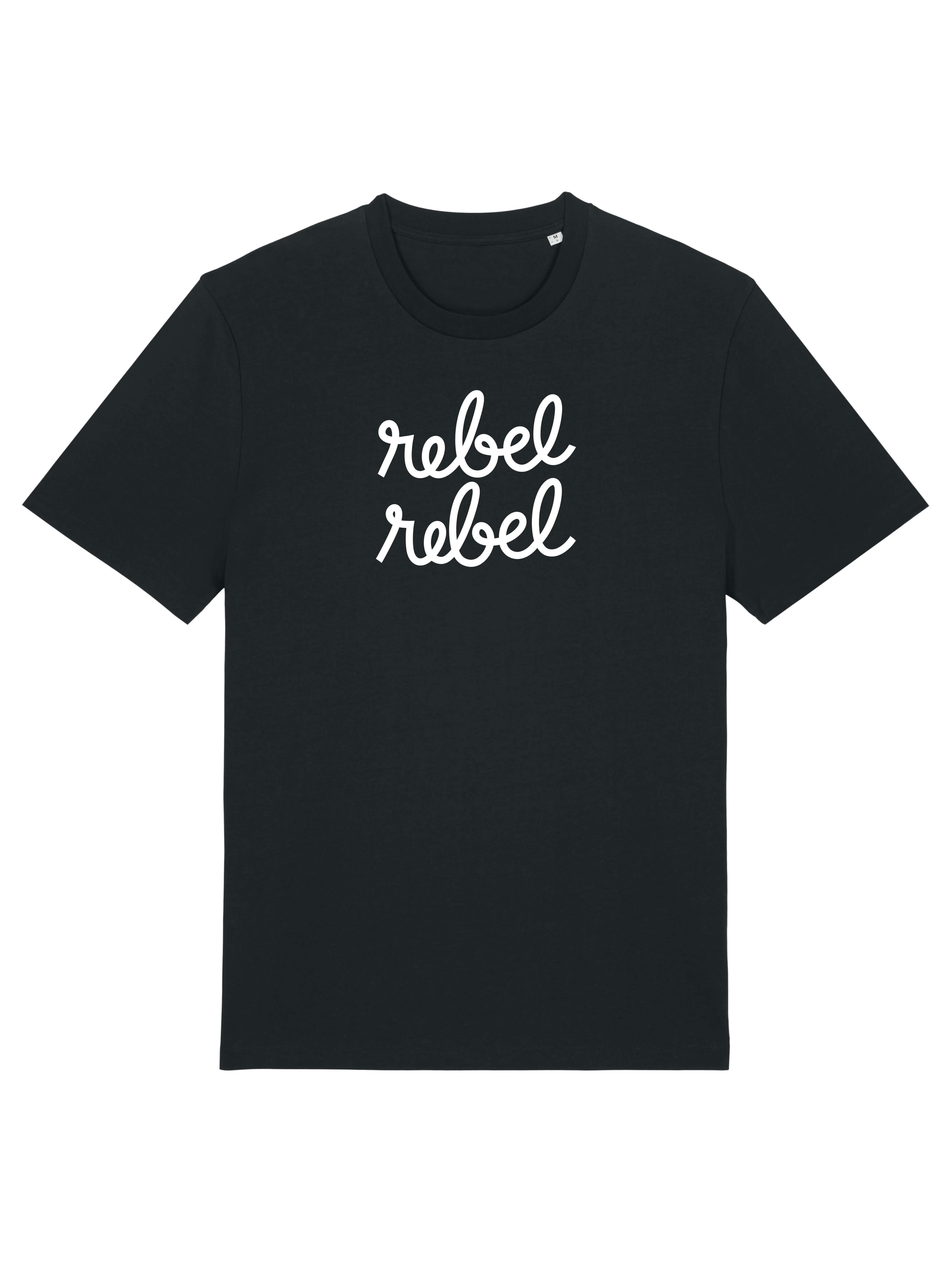 black tee with rebel rebel graphic slogan in white print
