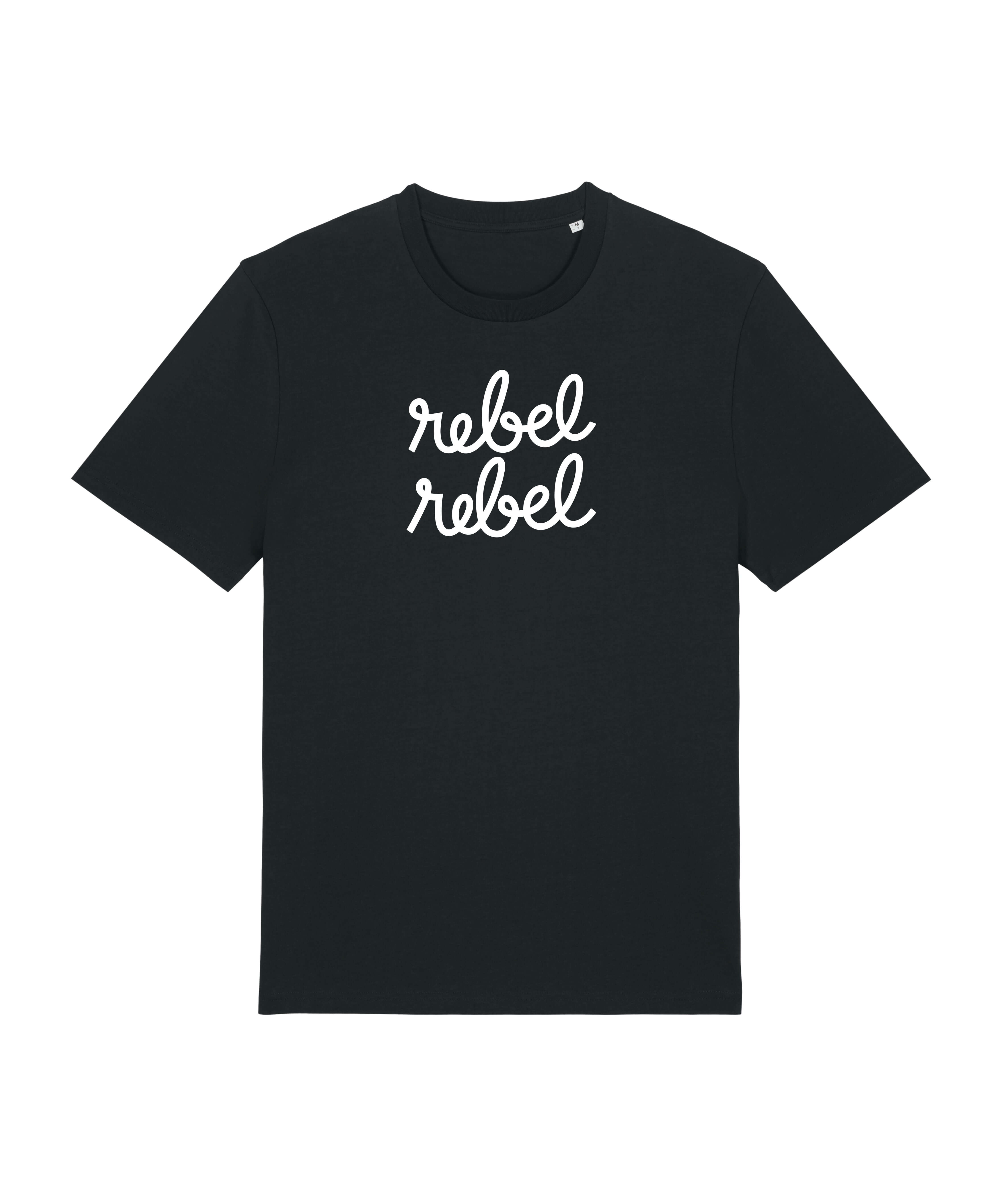 black tee with rebel rebel graphic slogan in white print