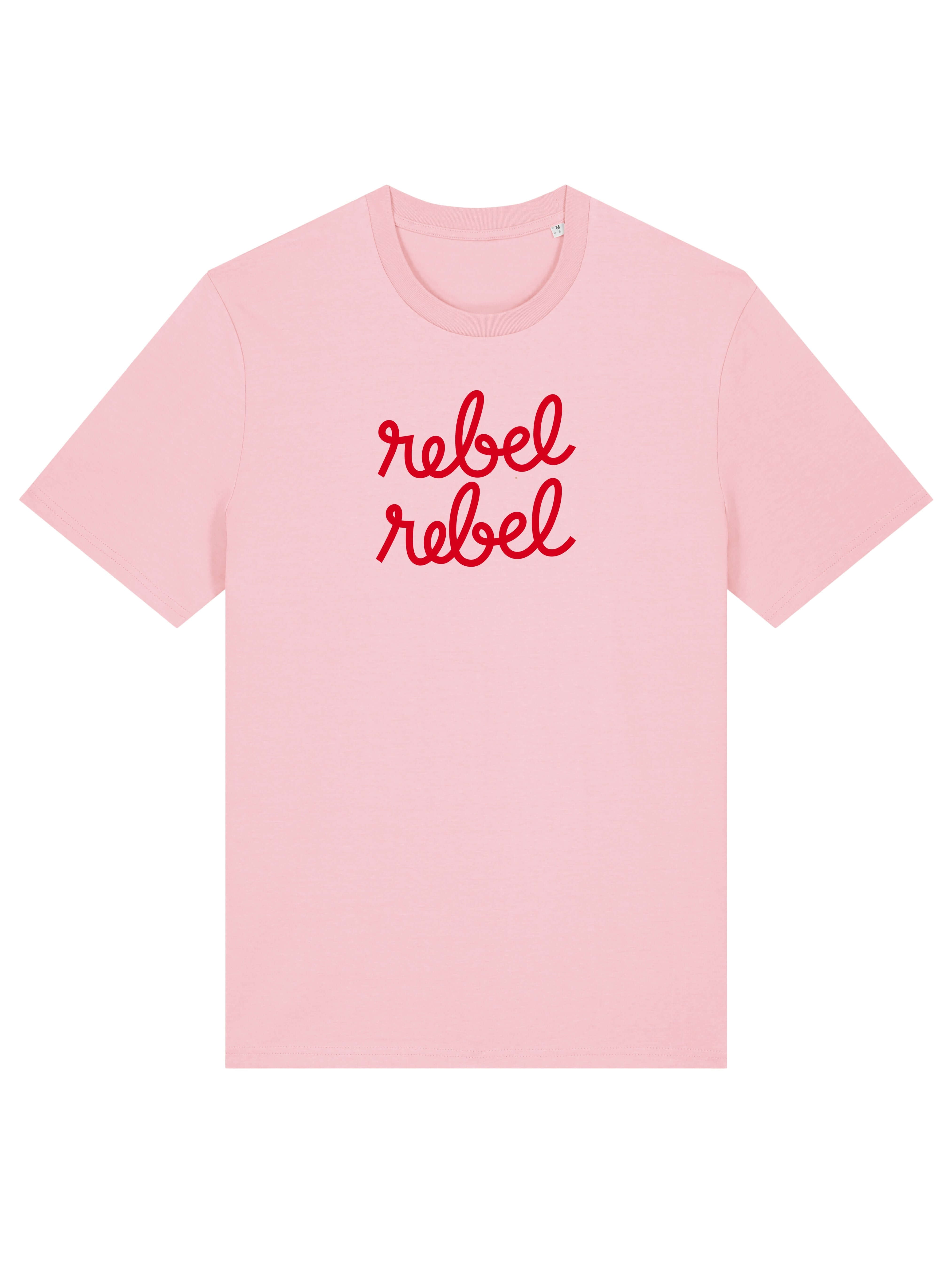 pink tee with rebel rebel graphic slogan in red print