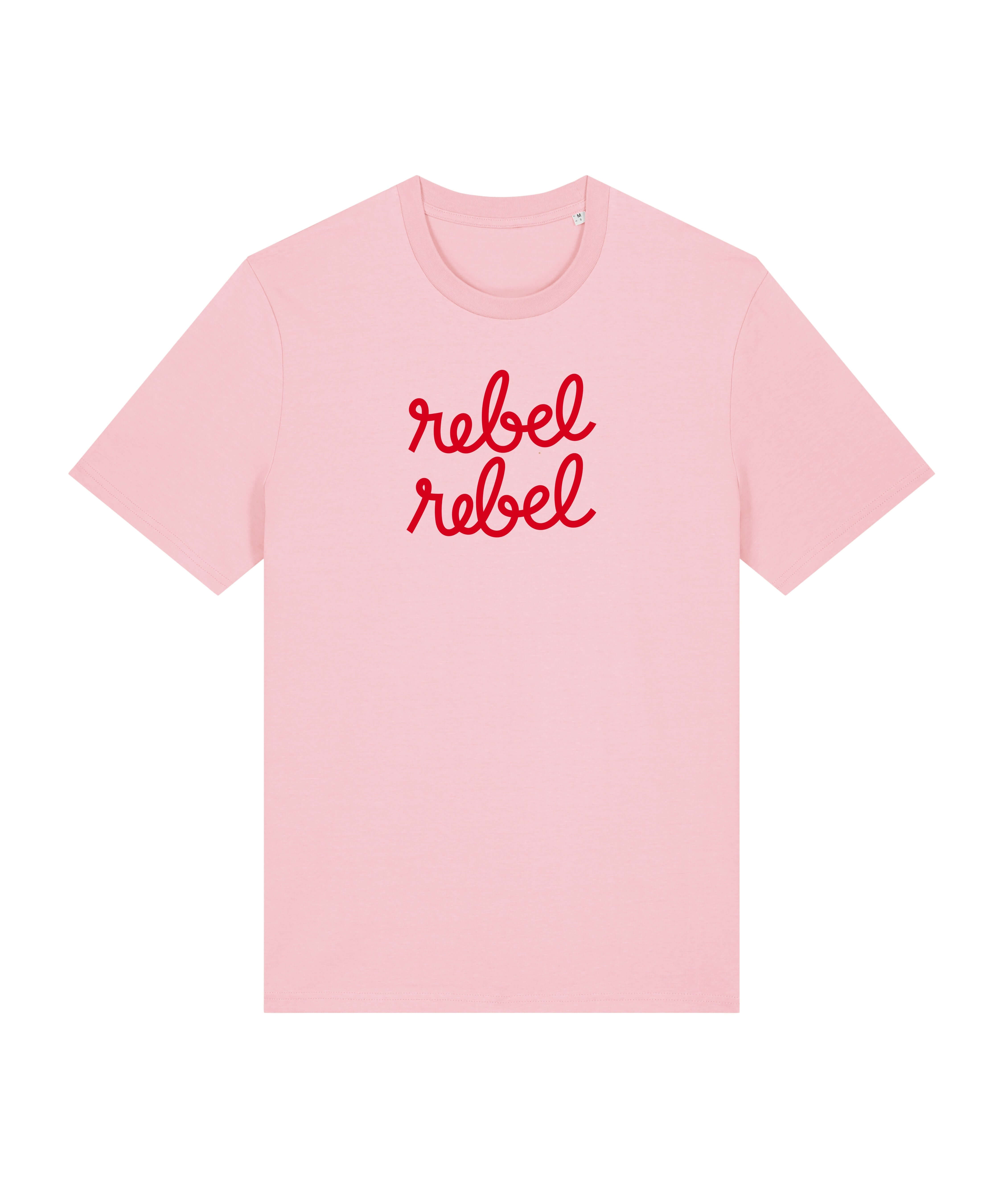 pink tee with rebel rebel graphic slogan in red print