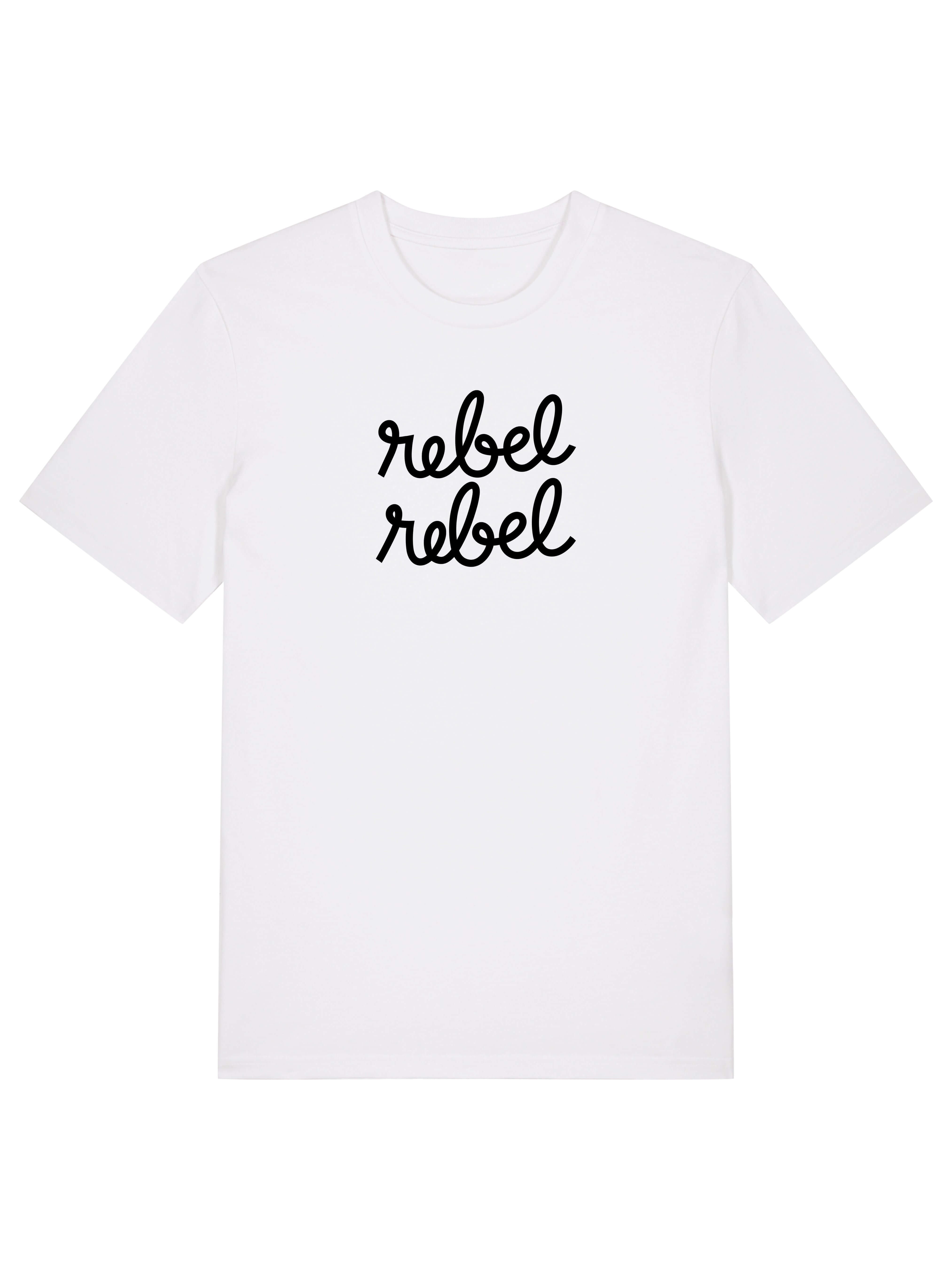 white tee with rebel rebel graphic slogan in black print