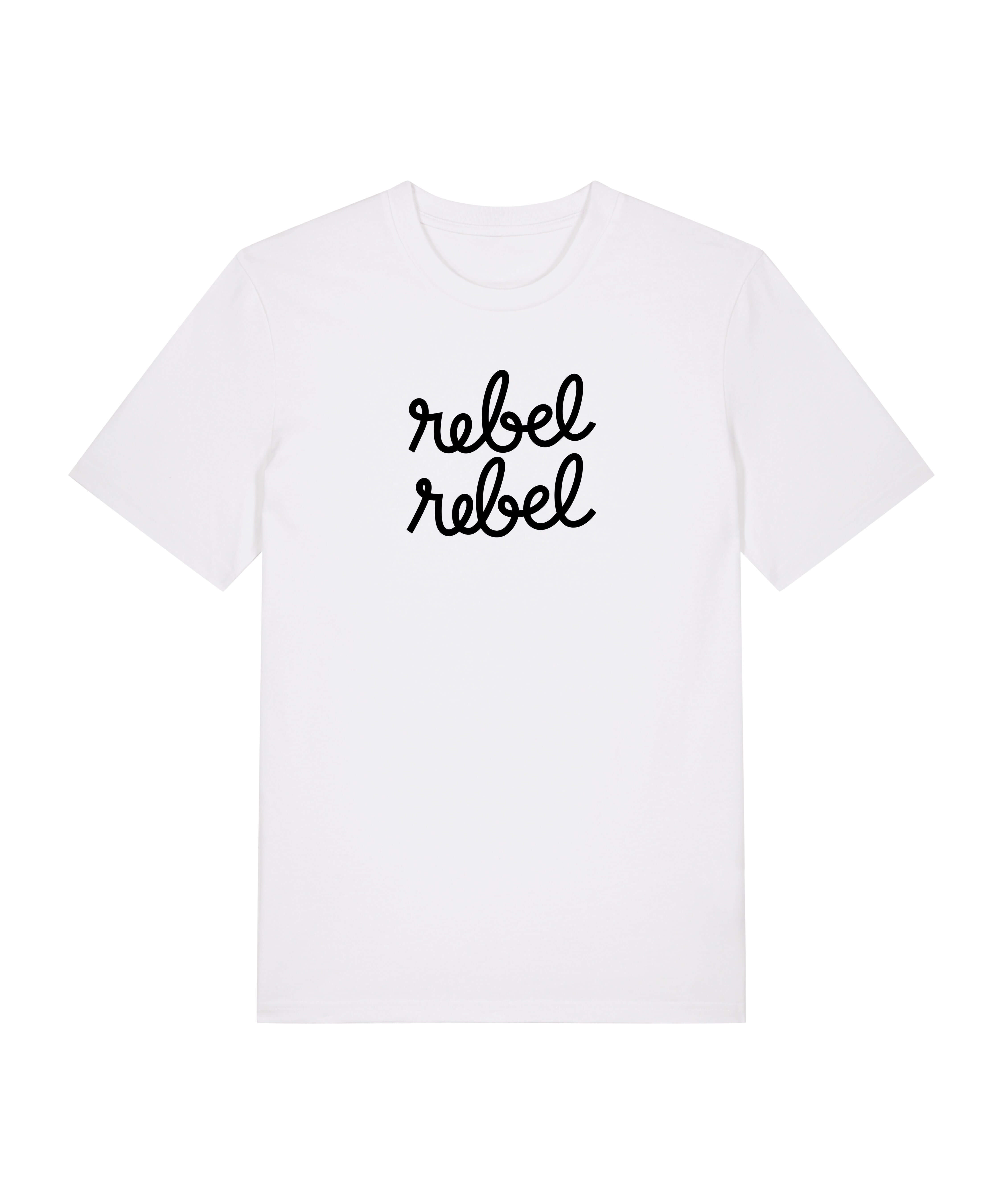 white tee with rebel rebel graphic slogan in black print