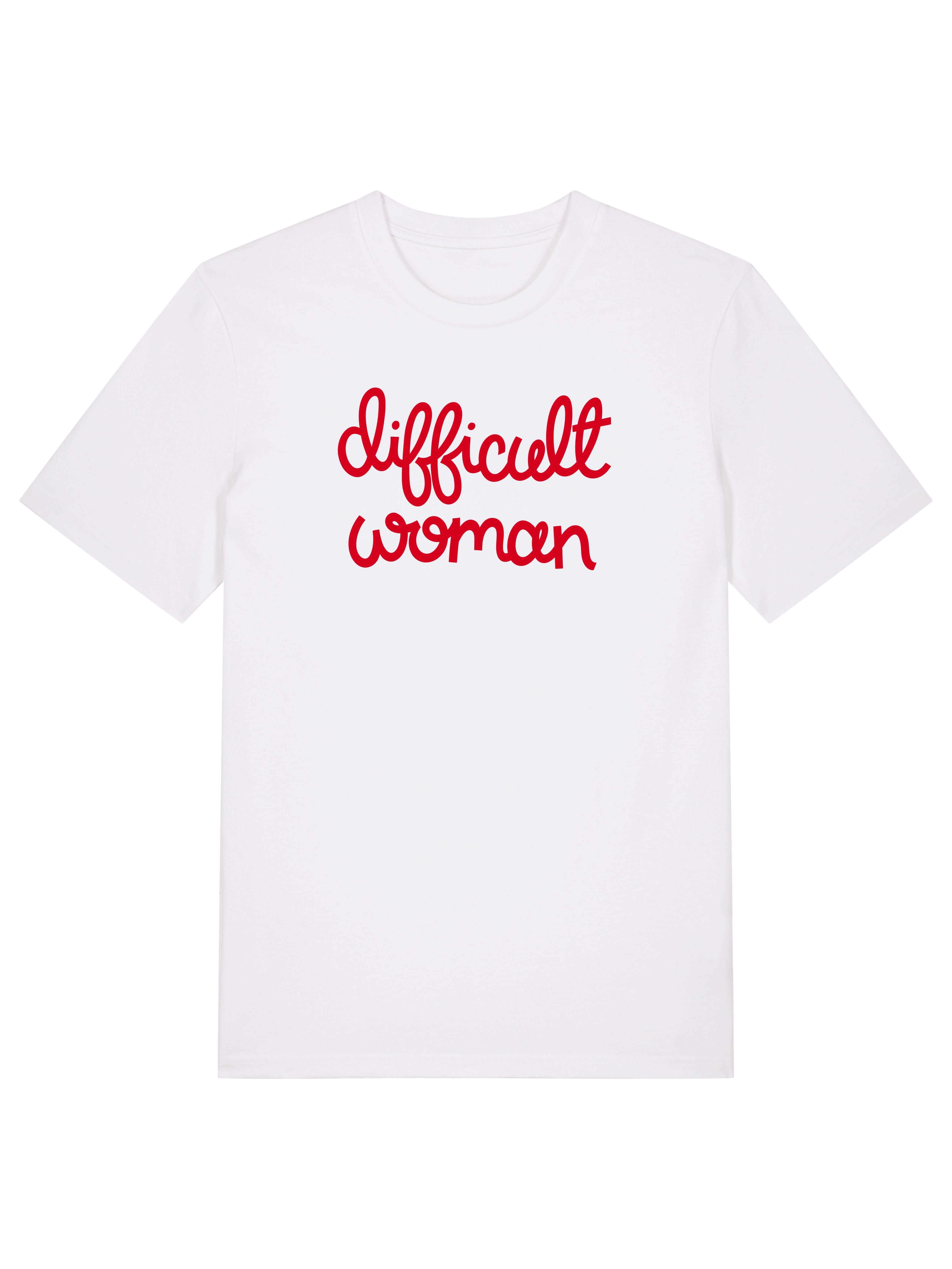 white difficult woman tee with red print
