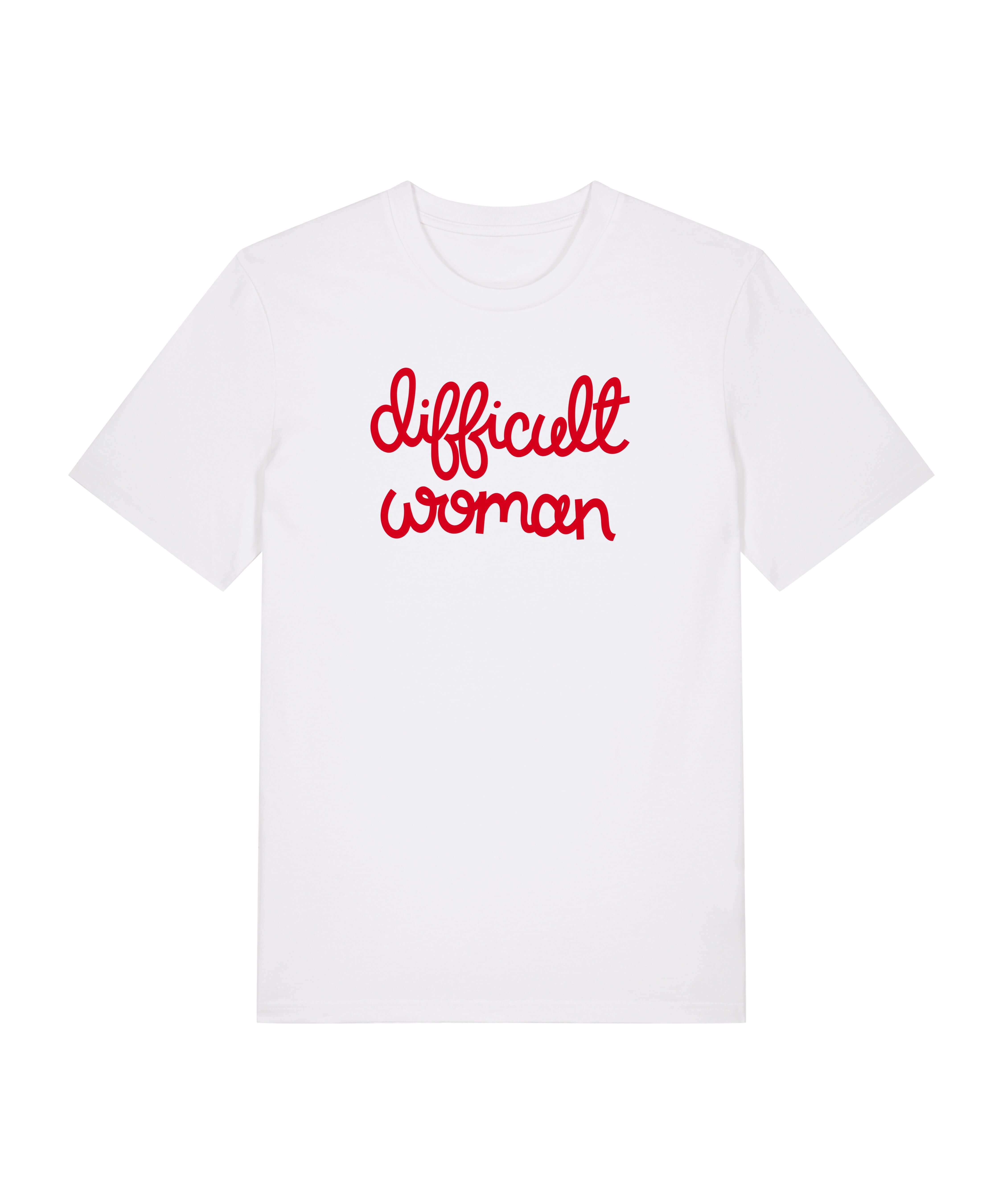 white difficult woman tee with red print