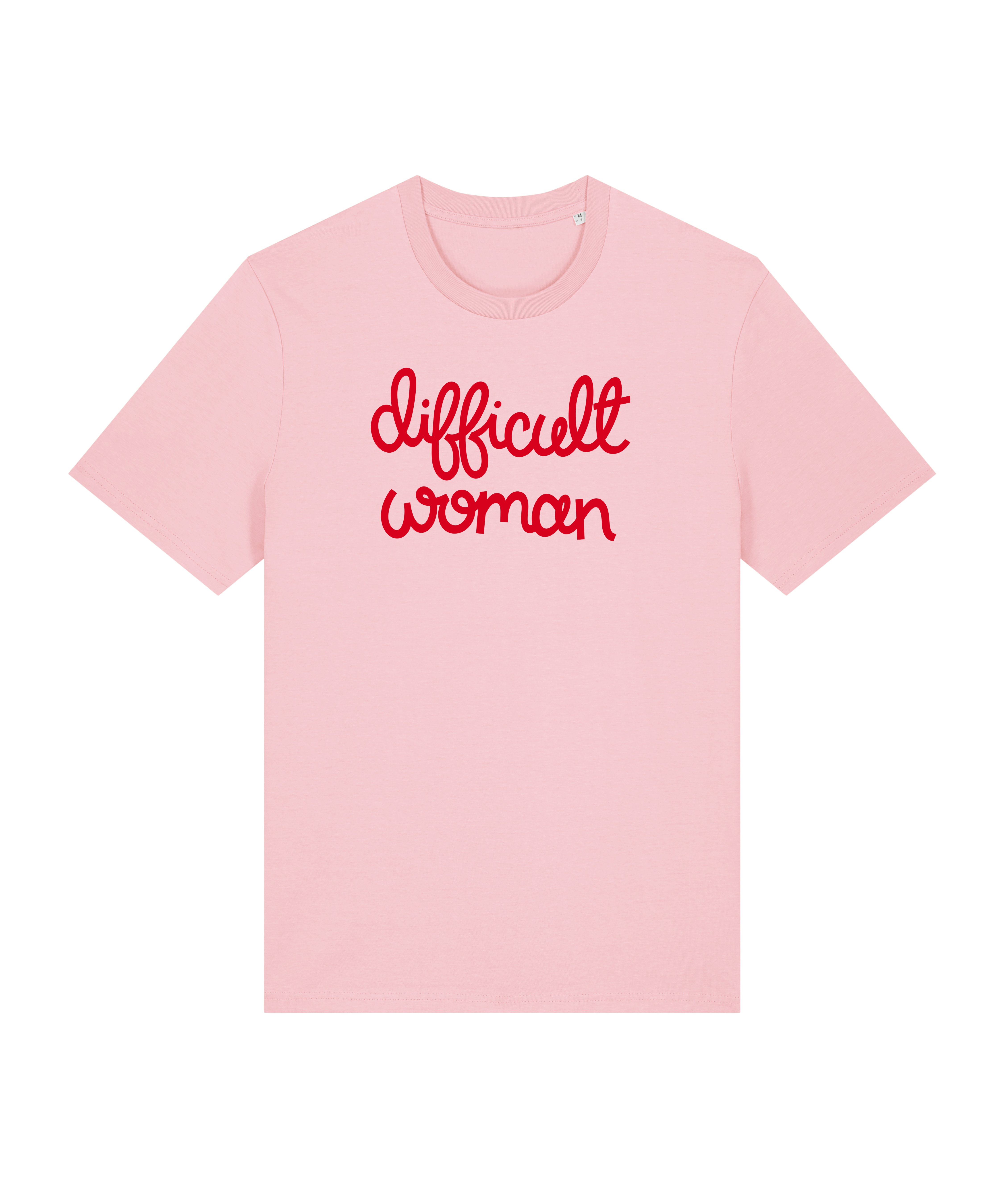 pink cotton tshirt with the phrase difficult woman in red