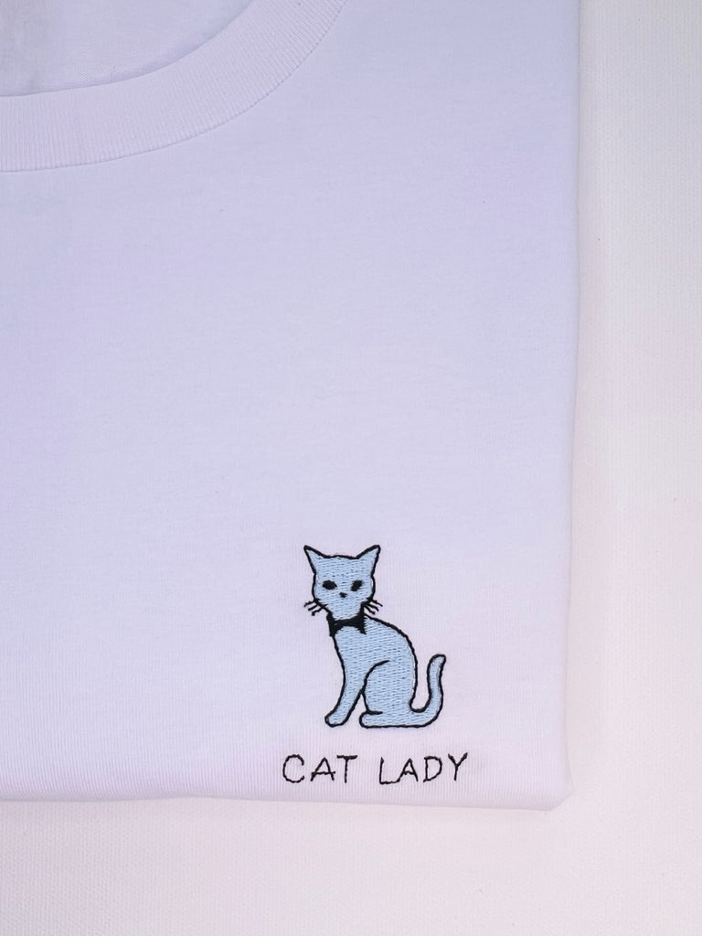 Embroidered cat lady motif tee with ‘cat lady’ text 