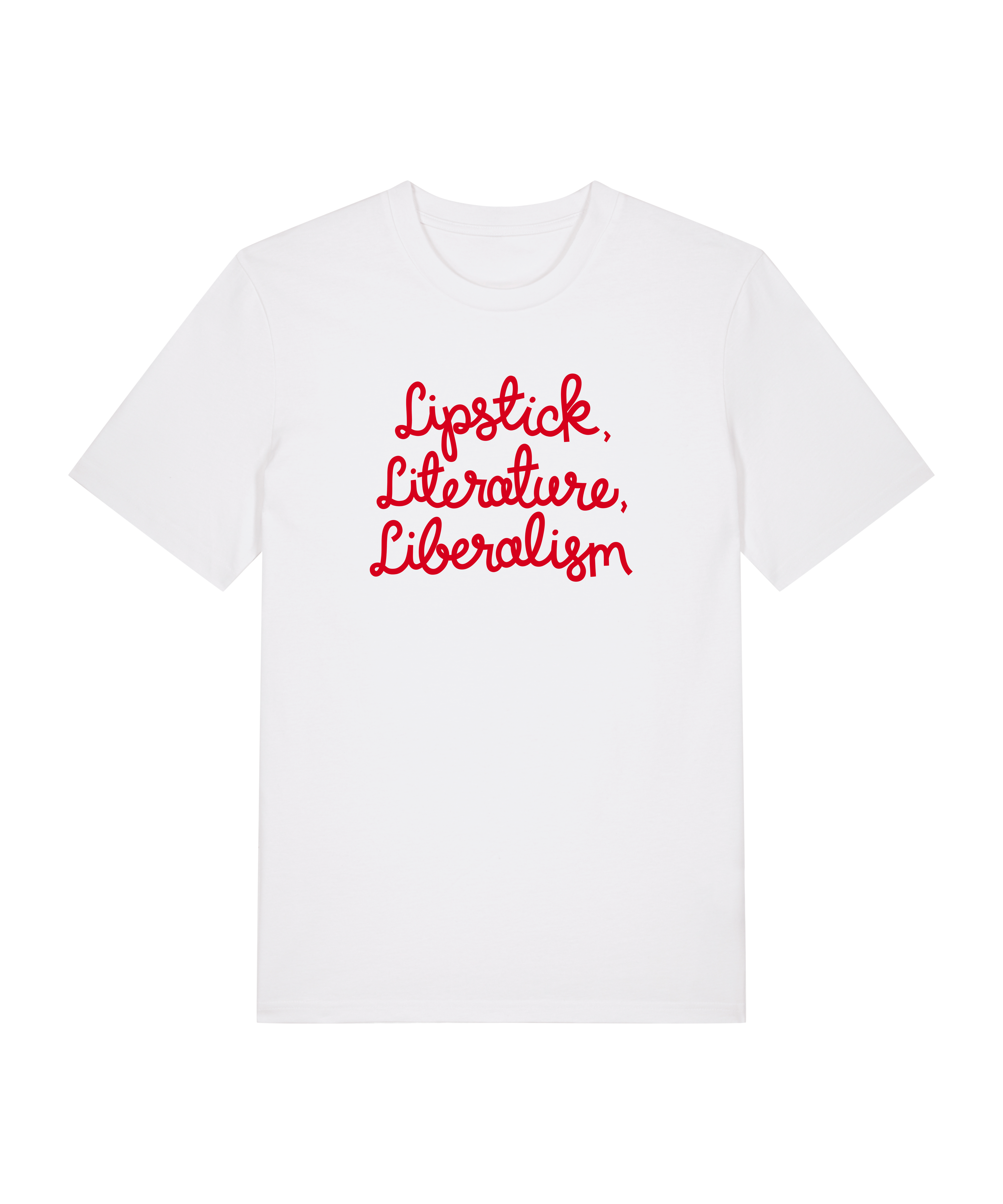 white tshirt with the slogan lipstick, literature, liberalism in red 