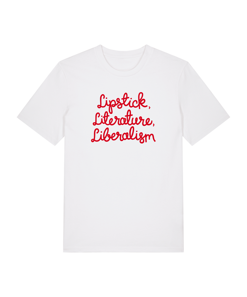 white tshirt with the slogan lipstick, literature, liberalism in red 