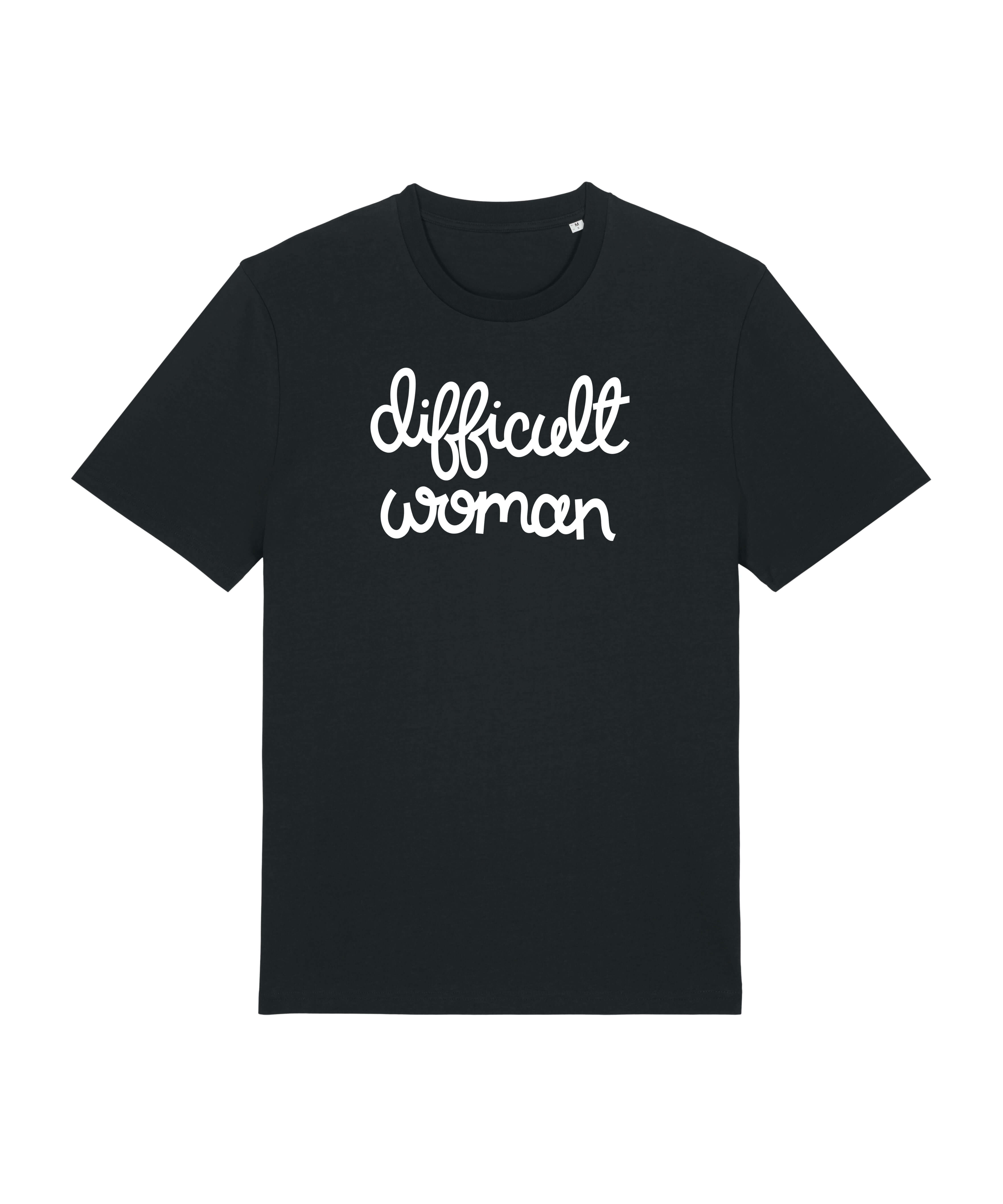 black tshirt with difficult woman printed in white