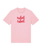 pink tee with rebel rebel graphic slogan in red print