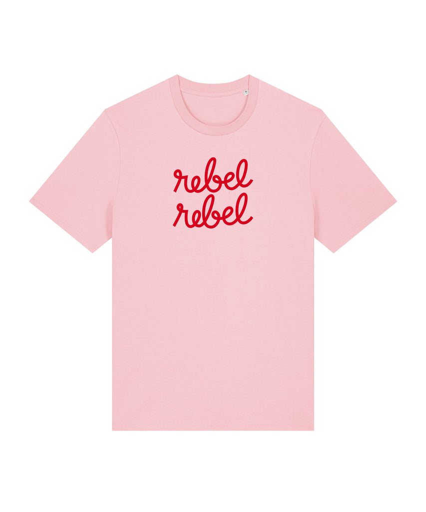 pink tee with rebel rebel graphic slogan in red print