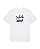 white tee with rebel rebel graphic slogan in black print